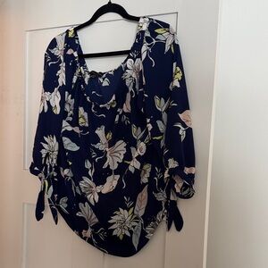Navy Floral Blouse with Tie Sleeves